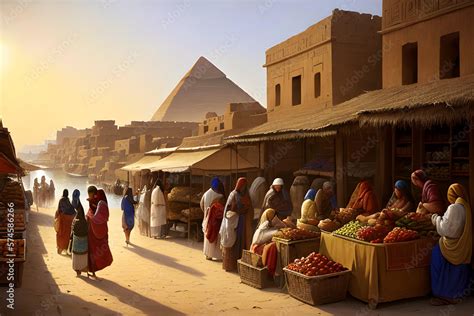 Historical Illustration of a market in Ancient Egypt with the Pyramids ...