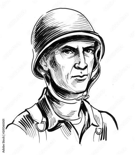 Ink black and white drawing of a World War 2 American soldier in helmet Stock Illustration ...