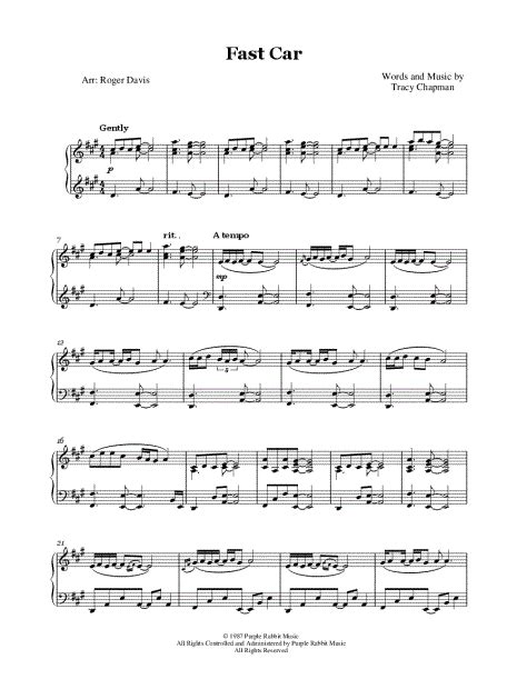 Roger Davis "Fast Car" Sheet Music (Piano Solo) in A Major - Download ...