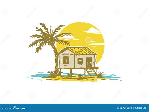 Vintage Illustration Drawing of House on the Beach Stock Vector ...