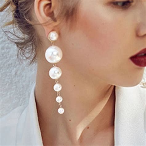 Trendy Pearl Earrings for Women White Round Artificial Pearls Earrings Long Earring Fashion ...