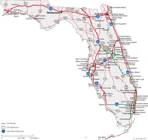 a map of the florida state with roads and major cities on it's sides