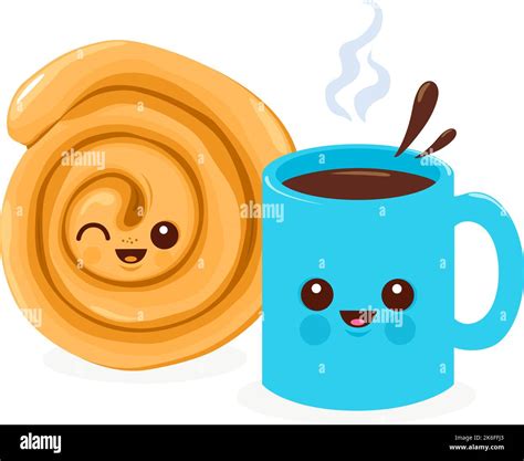 Cup of coffee or tea with cinnamon roll. Cute cartoon characters. Vector illustration Stock ...