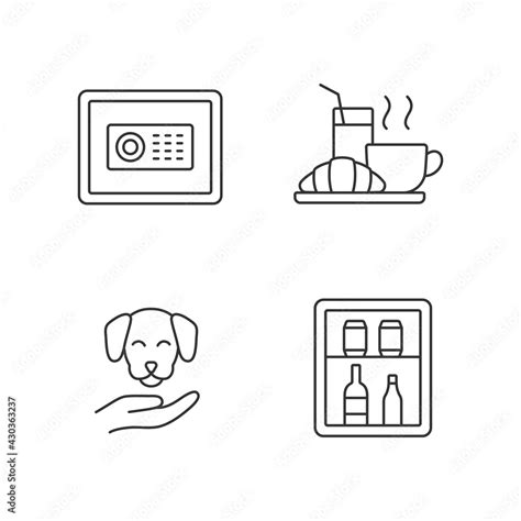 Hotel services linear icons set. Minibar is small refrigeratorplaced in customer hotel rooms ...