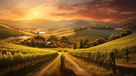 A romantic depiction of a winding vineyard under the gentle hues of a ...