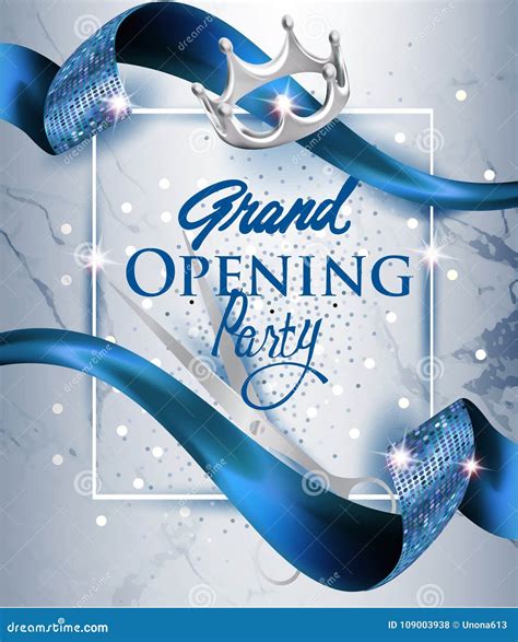 Elegant Grand Opening Invitation Card with Blue Textured Curled Blue Ribbon and Marble ...