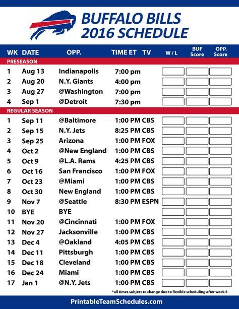 Buffalo Bills Football Schedule. Print Here - http://printableteamschedules.com/NFL ...