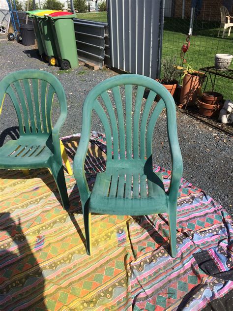 Before spray paint, weathered but good condition outside plastic chairs ...