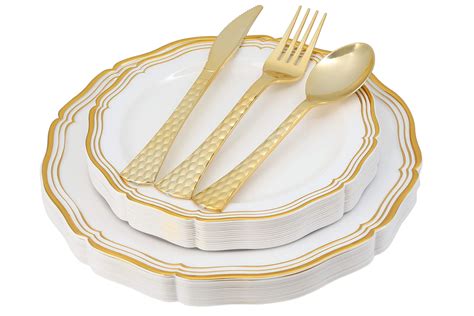 White and Gold Plastic Plates & Cutlery Set, 100 Piece Elegant ...