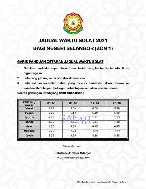 Jadual Waktu Solat Negeri Selangor Zon 1 Tahun 2021 – MAJLIS ...