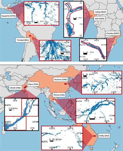 Satellite imagery of flood extent (blue) in the study areas (red ...