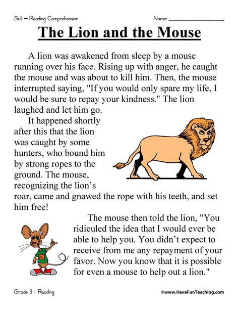 The Lion and the Mouse Reading Comprehension Worksheet - Have Fun Teaching | First grade reading ...