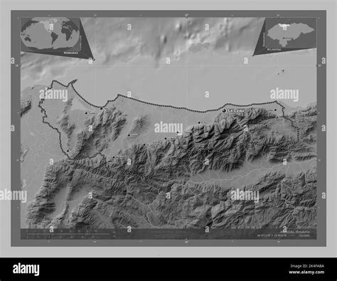 Atlantida, department of Honduras. Grayscale elevation map with lakes and rivers. Locations and ...