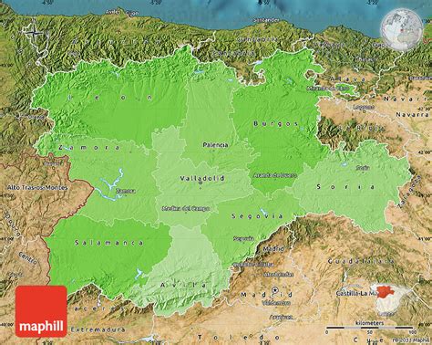 Political Shades Map of Castilla Y León, satellite outside