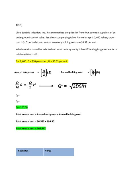 EOQ Assigment Finance - EOQ Chris Sandvig Irrigation, Inc., has summarized the price list from ...