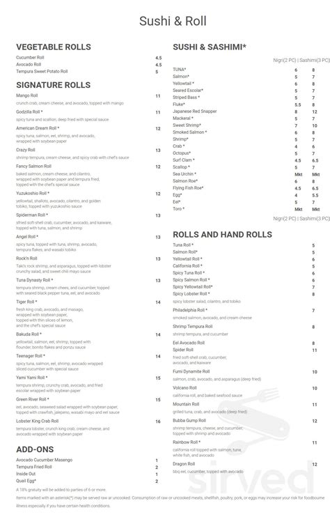 Taki Japanese Steakhouse menu in Atlanta, Georgia, USA