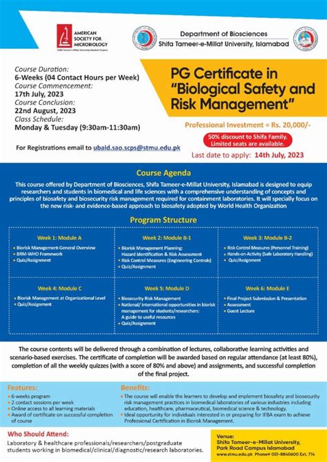 PG Certificate in Biological Safety and Risk Management – Shifa Tameer-e-Millat University