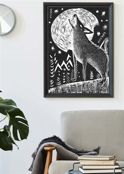 Black and White Wolf Folk Art Print – InkAndDrop