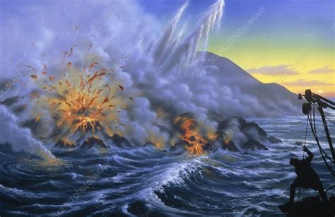 Artwork showing eruption of Surtsey, Iceland - Stock Image - E380/0231 - Science Photo Library