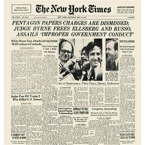 Pentagon Papers 1973 Nfront Page Of The New York Times 12 May 1973 Reporting On The Dismissal ...