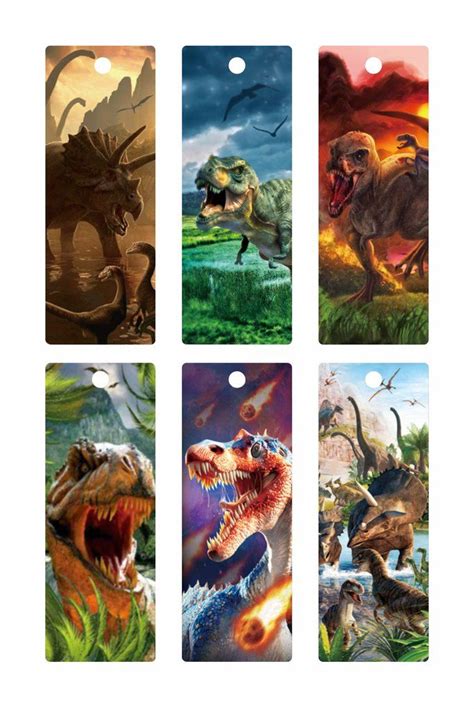 four different dinosaur bookmarks with dinosaurs in the background and an image of a t - rex