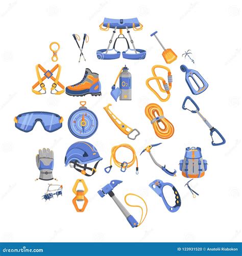 Mountaineering Equipment Icons Set, Cartoon Style Stock Illustration - Illustration of helmet ...