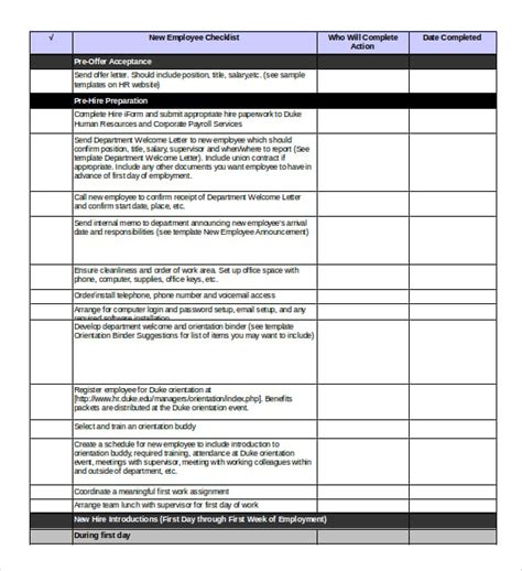 New Employee Onboarding Checklist Template Excel