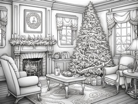 Premium AI Image | A drawing of a living room with a christmas tree and ...