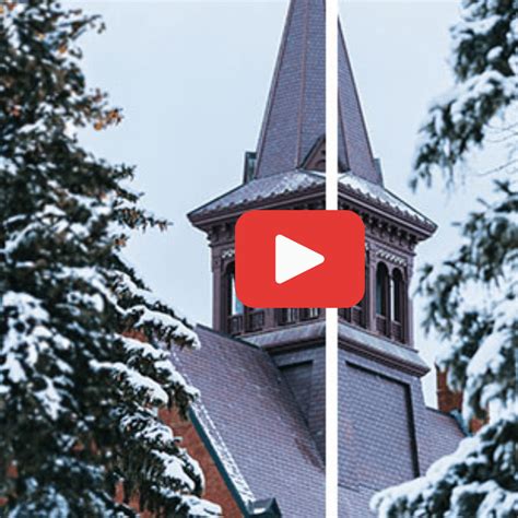 Video thumbnail with a snowy campus background and a red play button