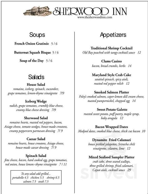 The Sherwood Inn menu in Skaneateles, New York, USA