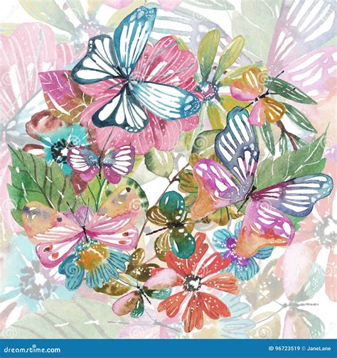 Watercolor Beautiful Floral Design with Butterflies Stock Illustration ...