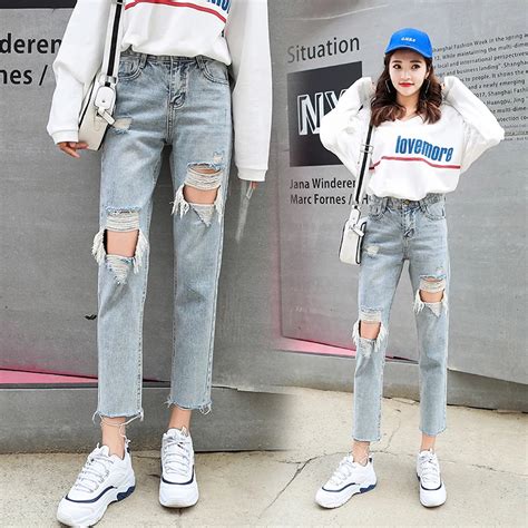 S 2XL 2018 korean style high waist ripped jeans for women loose harem ...