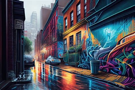 Graffiti Mural Depicting a Vibrant, Bustling City Street Scene Stock Illustration - Illustration ...