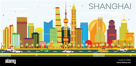 Abstract Shanghai Skyline with Color Buildings and Blue Sky. Vector ...