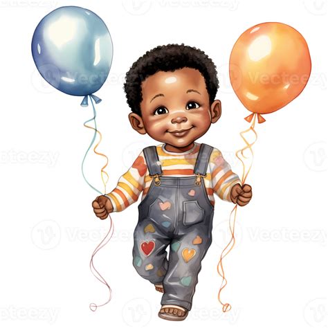 Cute Birthday Baby Boy African American Watercolor Clipart Illustration AI Generative 34120374 PNG