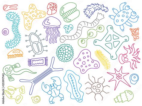 Various microorganisms on white background pattern. Backdrop infectious germs, protists ...