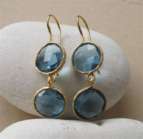 London Blue Topaz Long Dangle Earring- Blue Two Stone Drop Earrings- Dark Blue Quartz Earring ...