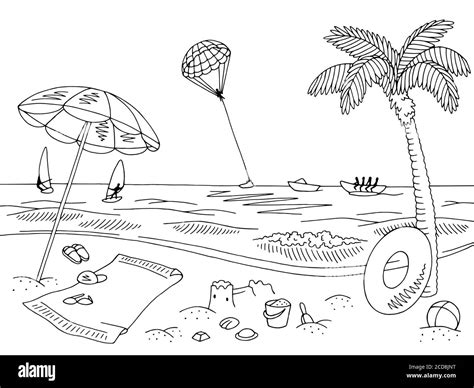 Sea coast beach graphic black white landscape sketch illustration vector Stock Vector Image ...