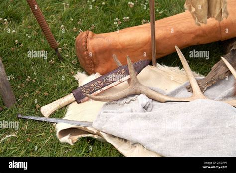 Replica Anglo Saxon hunting tools and equipment Stock Photo - Alamy