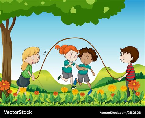 Four kids playing under the tree Royalty Free Vector Image