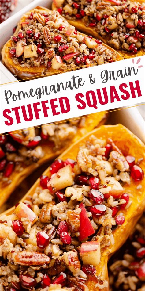 stuffed squash with pomegranate and grain on top