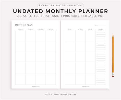 Undated Monthly Planner Printable Month on Two Pages Month - Etsy