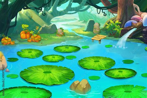 Illustration: The Sleeping Pond in the Forgotten Forest. Realistic Fantastic Cartoon Style Scene ...