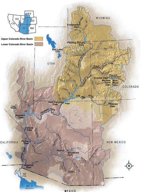 Map of the Colorado River basin showing the locations of major dams and ...