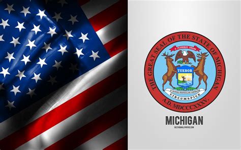 Download wallpapers Seal of Michigan, USA Flag, Michigan emblem, Michigan coat of arms, Michigan ...