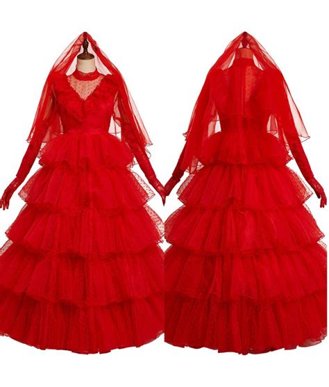 Lydia Deetz Beetlejuice Beetle Juice Red Wedding Dress Halloween Cosplay Costume - skycostume.com