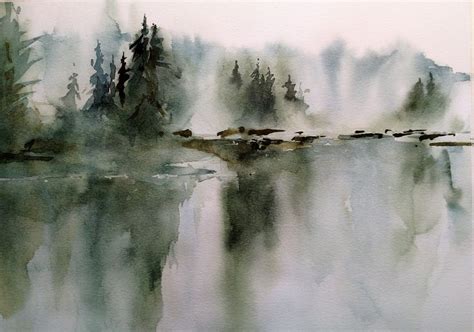 a watercolor painting of trees on the edge of a body of water with fog ...