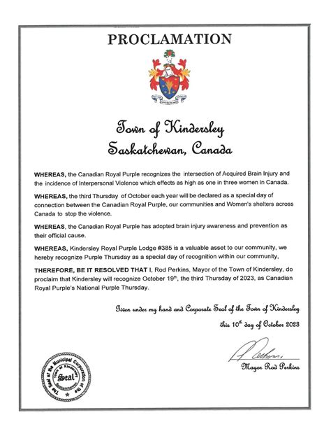 Purple Thursday Proclamation 2023 - Town of Kindersley