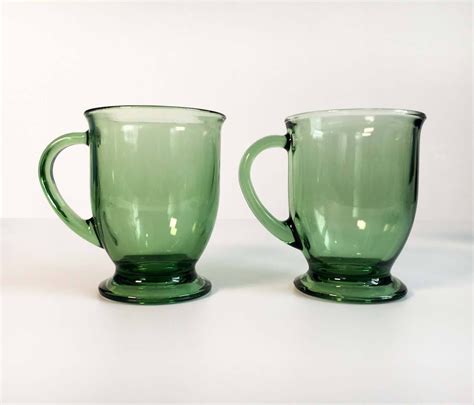 Vintage Set of 2 Large Green Anchor Hocking Glass Coffee Mugs or Cups ...