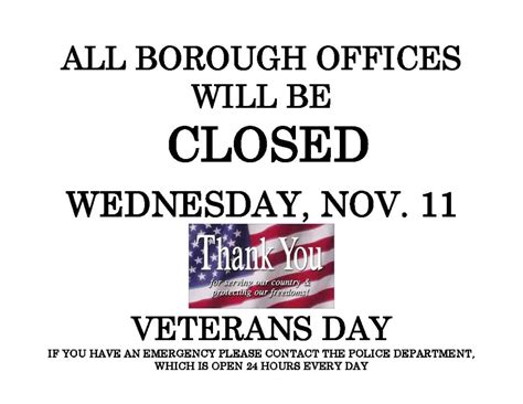 Offices Will Close for Veterans Day - Nov. 11 - Borough of Point Pleasant